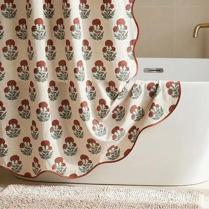 Boomkin Block Print Scalloped Shower Curtain Set with 12 Hooks | Red Shower Curtain Linen Textured Cottage Core Floral Bathroom Curtain for Vintage Farmhouse Bathroom 72 x 72 Inch