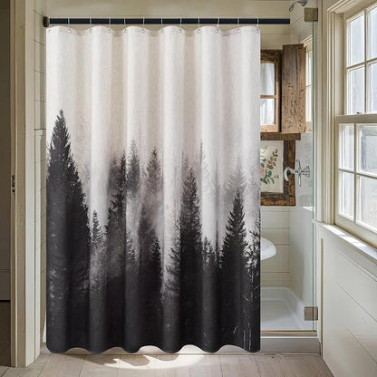 ORTIGIA Black and White Misty Forest Linen Shower Curtain Dark Nature Mountain Tree Woodland Shower Curtain Set for Bathroom Heavy Blend Fabric Curtains with 12 Metal Hooks 72x78 Inch