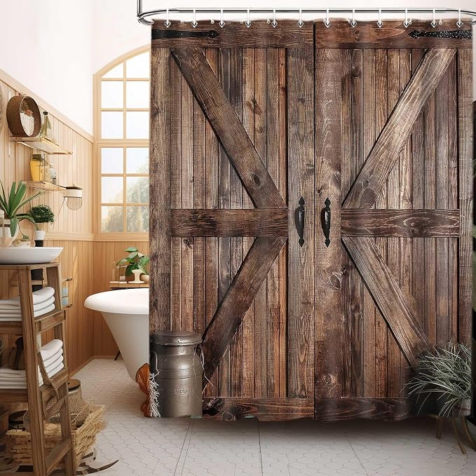 Rustic Barn Door Shower Curtain Set for Bathroom, Farmhouse Western Bathroom Decor Curtains, Vintage Countryside Brown Wood Board Waterproof Fabric Bath Curtains with Hooks 70 x72 inch