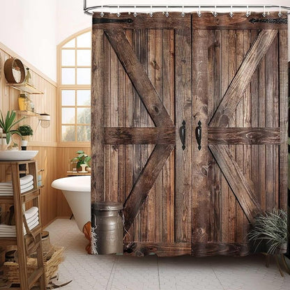 Rustic Barn Door Shower Curtain Set for Bathroom, Farmhouse Western Bathroom Decor Curtains, Vintage Countryside Brown Wood Board Waterproof Fabric Bath Curtains with Hooks 70 x72 inch