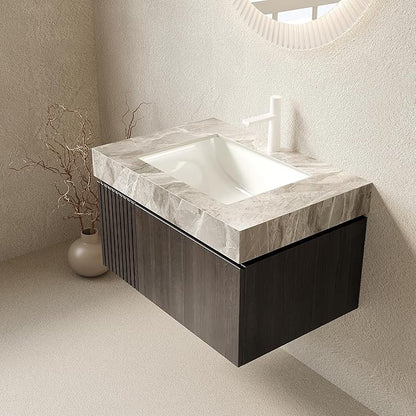 30” Floating Bathroom Vanity with Sink, Wall-Mounted Cabinet with Drawer & Doors, Gray Travertine-Pattern Sintered Stone Top, Undermount Basin, Single Faucet Hole, Soft-Close, Pre-Assembled, Dark Oak
