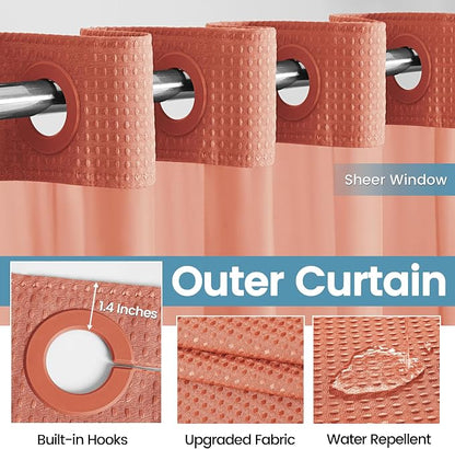 EUTXL 256GSM Heavyweight Hotel Shower Curtain with Detachable Liner - Waffle Textured,Hotel Grade,Spa Like Bath Curtain,71W x 74H,Coral