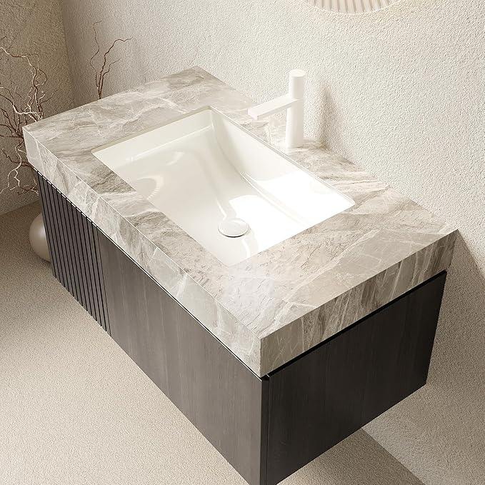Ambrovina 36" Floating Bathroom Vanity with Sink, Modern Plywood Bathroom Storage Cabinet with Drawer and Door, Light Gray Sintered Stone Top and White Ceramic Basin, Pre-Assembled, Espresso Woodgrain