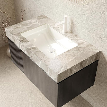 Ambrovina 36" Floating Bathroom Vanity with Sink, Modern Plywood Bathroom Storage Cabinet with Drawer and Door, Light Gray Sintered Stone Top and White Ceramic Basin, Pre-Assembled, Espresso Woodgrain