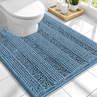 Smiry Thick Chenille Toilet Rugs U-Shaped 24x20, Soft Bath Mat, Airy Blue | Absorbent Striped Contour Bathroom Rugs, Machine Washable, Dry Quickly, Non‑Slip, Modern Home Decor Accessories