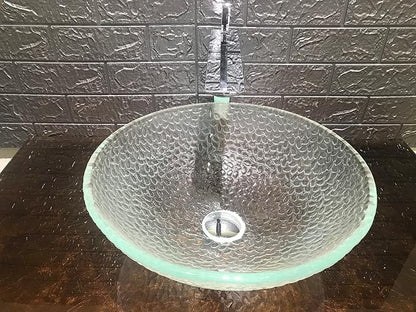 Pearl Series Glass Vessel Sink In Ice Top Raindrop Mount Sinks Above Countertop | Vanity Countertop Clear Transparent Sink Bowl with Pop Up Drain | FW-LA623