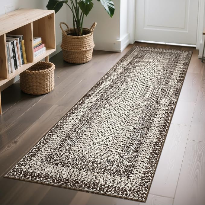 Imitation Braided Collection-Print 2x8 Runners for Hallway Non Slip Washable Kitchen Rugs, Farmhouse Rustic Bordered Area Rug Soft Low Pile Indoor Carpet Runners for Entryways, Living Room
