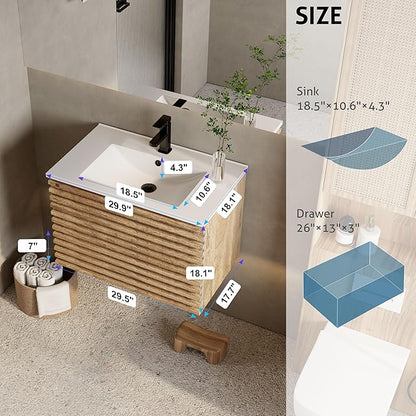 eclife 30" Floating Bathroom Vanity with Sink Combo Mid-Century Wall Mounted Cabinet with Wood Stripes Decor, Drawers, Undermount Single Sink, Faucet, Drain, Light Walnut