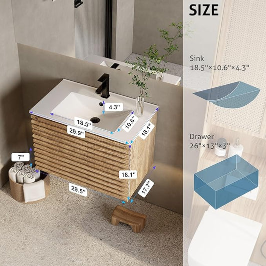 eclife 30" Floating Bathroom Vanity with Sink Combo Mid-Century Wall Mounted Cabinet with Wood Stripes Decor, Drawers, Undermount Single Sink, Faucet, Drain, Light Walnut
