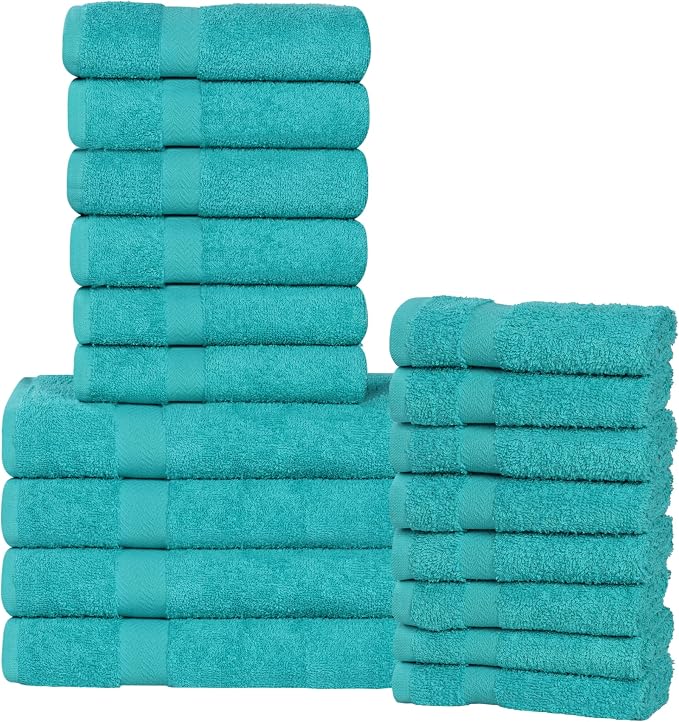 Superior 18-Piece Cotton Assorted Towel Set, Includes 8 Face Towel, 6 Hand, and 4 Bath Towels, Home, Bathroom, Guest Bath Essentials, Quick Dry, Absorbent, Franklin Collection - Turquoise