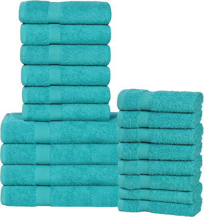Superior 18-Piece Cotton Assorted Towel Set, Includes 8 Face Towel, 6 Hand, and 4 Bath Towels, Home, Bathroom, Guest Bath Essentials, Quick Dry, Absorbent, Franklin Collection - Turquoise