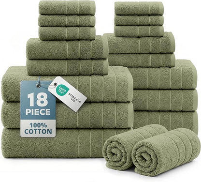 Casa Platino Towel Set for Bathroom 18 Piece Soft Absorbent - Oil Green | Shower Towels - Oversized & Roomy, Lightweight & Breathable, Fade-Resistant Color, Classic Terry Weave, Densely Woven