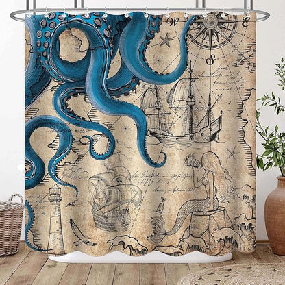 Fungarth Vintage Nautical Octopus Shower Curtain Navy Blue Mermaid Funny Ocean Kraken Shower Curtains for Bathroom Anchor Coastal Map Waterproof Fabric Bath Curtain Decor with Hooks (Retro, 72” x 72”)