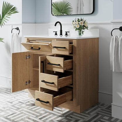 36-Inch Bathroom Vanity with Sink W/ 2 Doors & 4 Drawers & 1 Flip Drawer, Oak Vanity W/Matte Black Handles