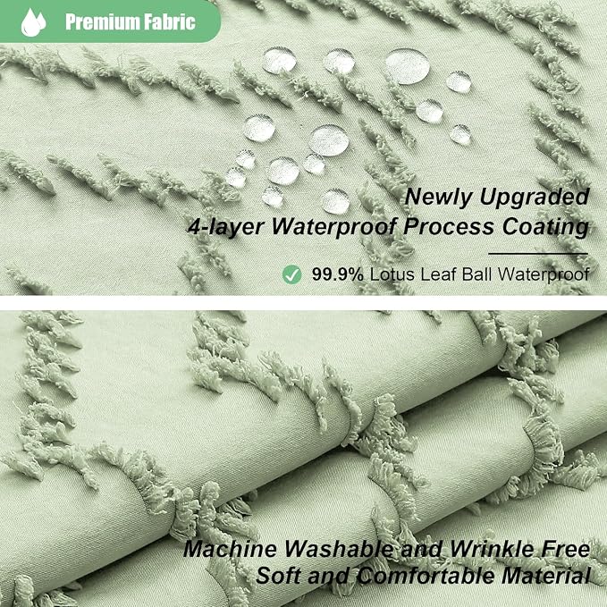 Long Boho Farmhouse Shower Curtain Tufted Chevron 72x78 Sage Green | 78 Inch Tall, Elegant Tassel, Lightweight Textured Fabric, Water Repellent, Washable, Hotel Spa, for Bathroom/Dorm 12 Hooks