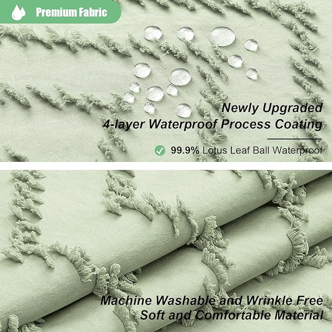 Extra Long Boho Shower Curtain Tufted Chevron 72"x96" Sage Green | 96 Inch Tall, Elegant Tassel, Lightweight Textured Fabric, Water Repellent, Washable, Hotel Spa, for Bathroom/Dorm 12 Hooks