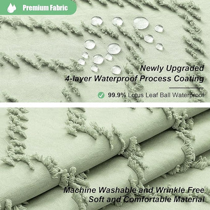 Extra Long Boho Shower Curtain Tufted Chevron 72"x96" Sage Green | 96 Inch Tall, Elegant Tassel, Lightweight Textured Fabric, Water Repellent, Washable, Hotel Spa, for Bathroom/Dorm 12 Hooks
