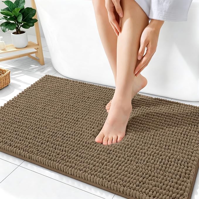 OLANLY Thick Chenille Bathroom Rugs 36x24, Soft Absorbent Bath Mat, Tan | Bath Rugs, Rubber Backing, Machine Wash Dry, Bath Mats for Bathroom Floor, Tub and Shower, Home Decor Accessories