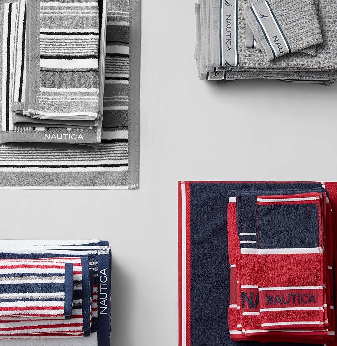 Nautica – Bathroom Towels, Washcloth, Bath & Hand Towel Set, Highly Absorbent Ribbed Terry Cotton, Set of 6, College Dorm Room Essentials (Signature Grey)