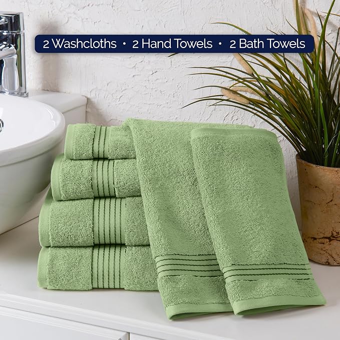 Elegant Comfort Premium Cotton 6-Piece Towel Set, Includes 2 Washcloths, 2 Hand Towels and 2 Bath Towels, 100% Turkish Cotton - Highly Absorbent and Super Soft Towels for Bathroom, Sage