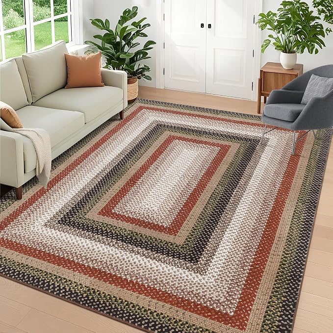 Imitation Braided Collection-Print Washable Rugs 5x7 Rug for Living Room Modern Geometric Rugs for Bedroom Farmhouse Non Slip Entryway Rug Soft Stain Resistant Carpet for Entrance Dining Room