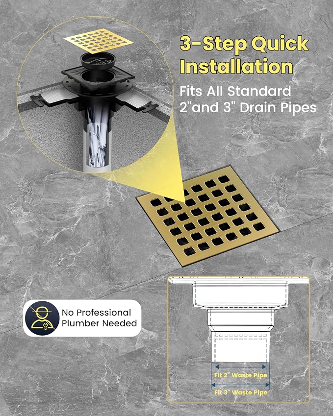 4" Shower Drain Kit Compatible with Schluter Kerdi, Premium 304 Stainless Steel Flange System, Exact Fit Alternative for Tile Floors, Includes Hair Strainer & Grate Opener, Brushed Gold