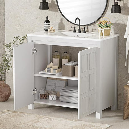 36" Bathroom Vanity,Farmhouse Vanity with Ceramic Sink, Set Bathroom Storage Cabinet, Antique White