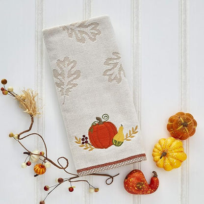 SKL Home by Saturday Knight Ltd. Traditional Pumpkin Hand Towel, Tan | 100% Cotton. Soft & absorbent leaf jacquard with embroidery. Great for the bathroom, kitchen or bar & holiday gifting.