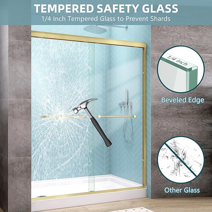 GETPRO Shower Door Double Sliding 68-72 in. W x 72 in. H Semi-Frameless Bypasss Bathroom Glass Shower Sliding Doors,1/4 inch Clear Tempered Glass Door for Walk-in Shower Brushed Gold