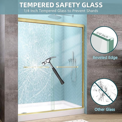 GETPRO Shower Door Double Sliding 62-66 in. W x 72 in. H Semi-Frameless Bypasss Bathroom Glass Shower Sliding Doors,1/4 inch Clear Tempered Glass Door for Walk-in Shower Brushed Gold