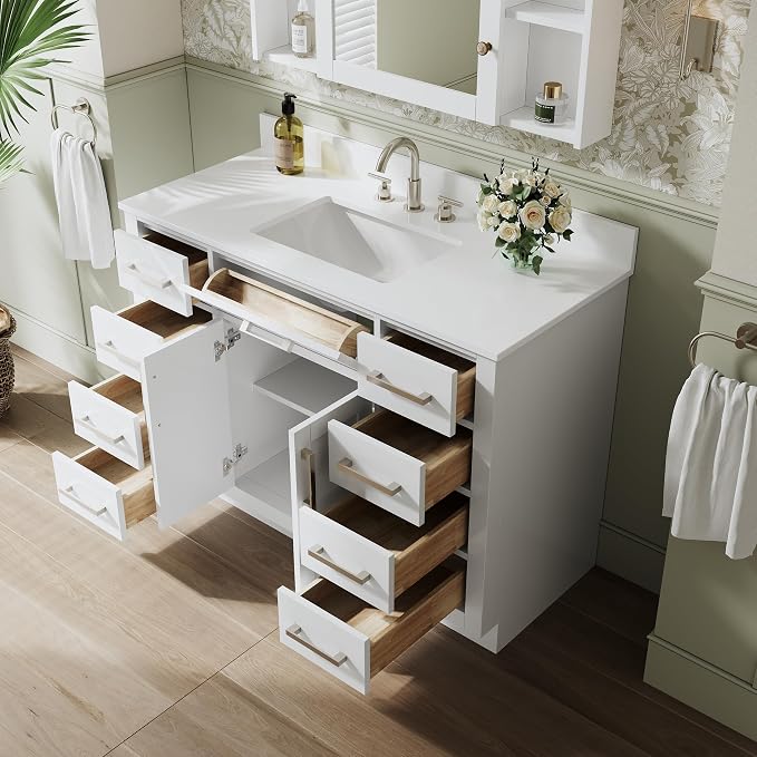 48-Inch Bathroom Vanity with Sink W/ 2 Doors & 8 Drawers & 1 Flip Drawer, White Vanity W/Brushed Nickel Handles