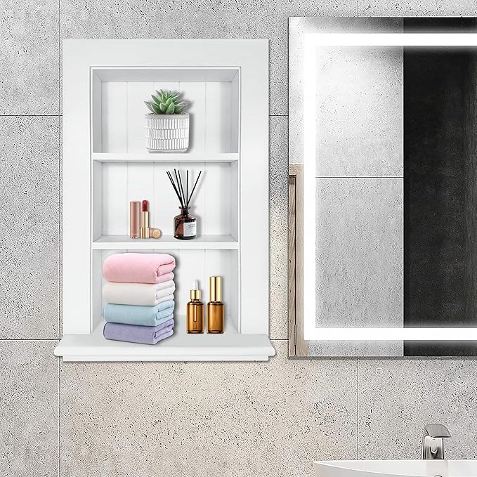 Royxen Recessed Medicine Cabinet 13.8 x 23.8 Inch, Medicine Cabinets, Large Medicine Cabinet, 3-Tier Bathroom Cabinets Wall Mount for Home Storage, White