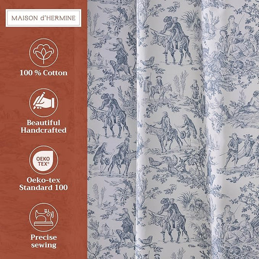 Maison d' Hermine Shower Curtain 100% Cotton One Panel 70"x72" Washable Fabric Shower Curtains for Bathroom, Easy Hanging with 12 Button Holes - Home Hotel Spa Easter Gifts (The Miller - Blue)