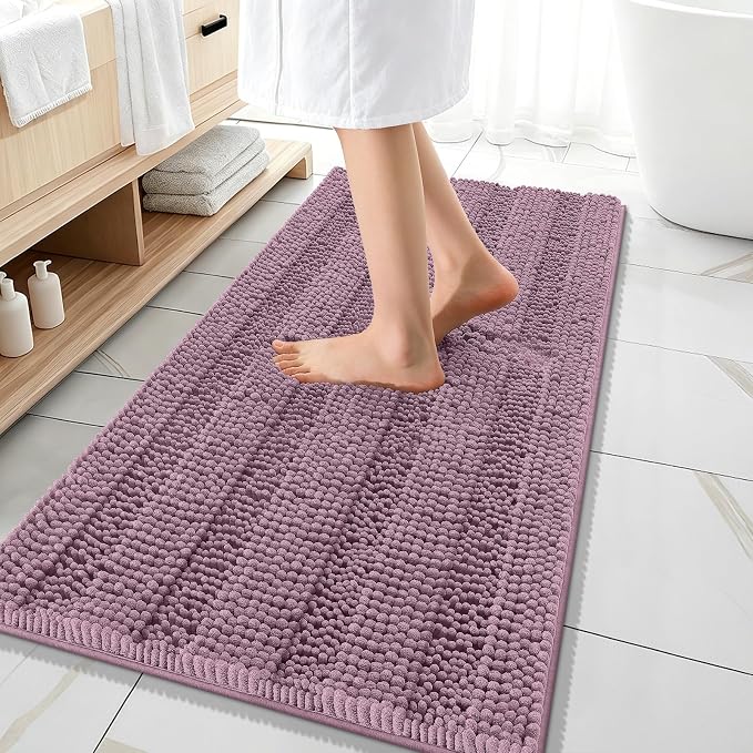 OLANLY Thick Bathroom Runner Rugs 47x20, Soft Chenille Bath Rugs, Deep Plum | Absorbent Striped, Rubber Backing, Machine Wash, Long Bath Mats for Bathroom Floor, Tub and Shower, Home Decor Accessories