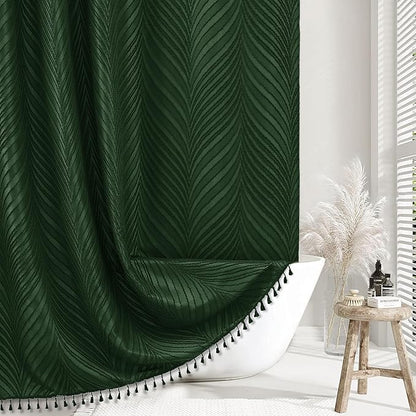 Dark Green Boho Shower Curtain Green Shower Curtain for Bathroom Fabric Tufted Chervon Textured Shower Curtains Elegant Cloth Shower Curtains Cute, 72" x72"