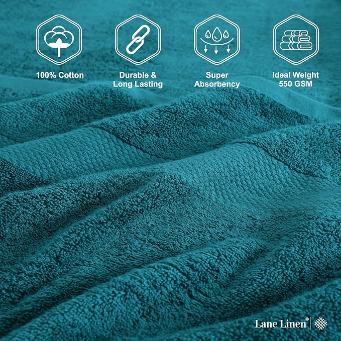 LANE LINEN Bathroom Towel Set 4 Piece Soft Absorbent Quick Dry - Sea Port | Cotton Towel Set - Coordinated Colors, Dobby Border Accent, OEKO-TEX Certified, Ring-Spun Durability, Ring-Spun Cotton