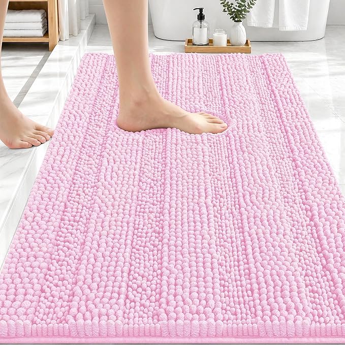 OLANLY Thick Bathroom Rugs 30x20, Soft Chenille Striped Bath Rugs, Pink | Rubber Backing, Machine Wash, Extra Absorbent Bath Mats for Bathroom Floor, Tub and Shower, Home Decor Accessories