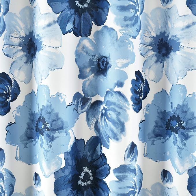 Lush Decor Leah Floral Shower Curtain, 72" W x 72" L, Navy & White - Fabric Shower Curtains - Watercolor Botanical Bathroom Curtain - Farmhouse & French Country Decor