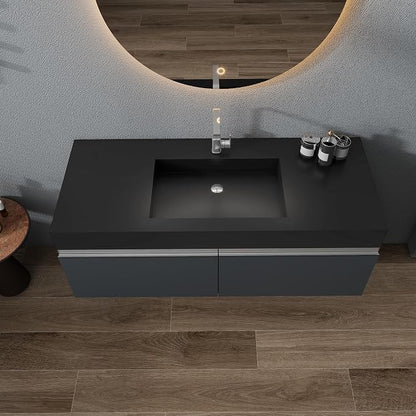 SJ Star&Jane 48" x 19" Solid Surface Bathroom Sink, Wall-Mount or Countertop Vessel Sink, Rectangle Floating Vanity Sink in Matte Black, Durable Modern Design