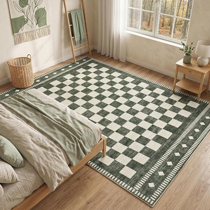 Garvee Washable Rugs 8x10 Checkered Sage Green Living Room Rug Non Slip | Farmhouse Geometric Large Area Rug Low Pile Stain Resistant Carpet for Classroom Bedroom Nursery Dining Room 8'x10'