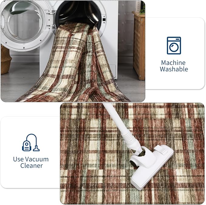 Modern Christmas Rug 9x12 Area Rug for Living Room Washable Rugs Plaid Rug for Bedroom Large Area Rug Non Slip Carpet Stain Resistant Throw Rugs for Dining Room Office Classroom, Red
