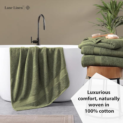 LANE LINEN Bath Towel Set 100% Cotton 4 Piece Soft Absorbent - Oil Green | Shower Towels - Generously Sized, Oversized & Roomy, Lightweight & Breathable, Fade-Resistant Color, Classic Terry Weave