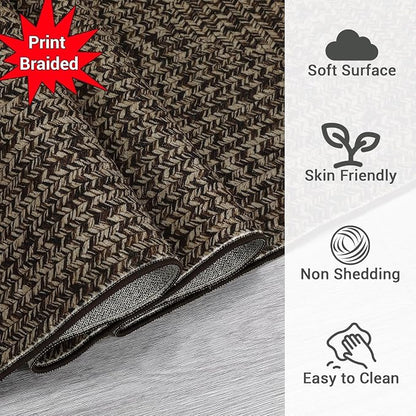 Printed Washable Runner Rug 2x8 Runners for Hallways Braided Pattern Non Slip Bath Mat Modern Soft Bedroom Rug Farmhouse Kitchen Rugs Entryway Rugs Stain Resistant Carpet 2'x8' Black/Brown