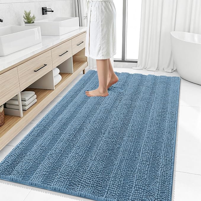 Smiry Thick Chenille Large Bathroom Runner Rugs 50x30, Bath Mat, Airy Blue | Quick‑Dry & Machine Washable, Non‑Slip Bath Carpet, Soft Striped Bath Rugs for Tub & Shower, Modern Home Decor Accessories