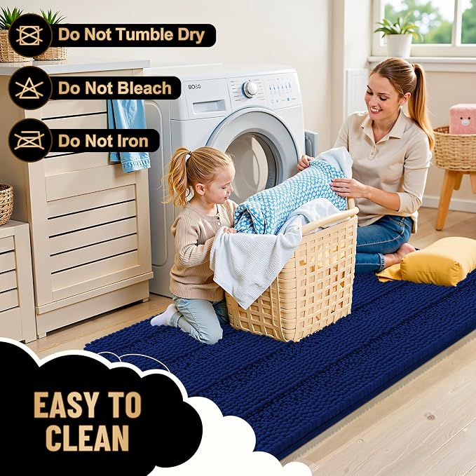 OLANLY Thick Bathroom Rugs 30x20, Soft Chenille Striped Bath Rugs, Navy | Rubber Backing, Machine Wash, Extra Absorbent Bath Mats for Bathroom Floor, Tub and Shower, Home Decor Accessories