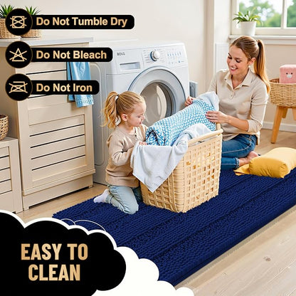 OLANLY Thick Bathroom Rugs 36x24, Soft Chenille Striped Bath Rugs, Navy | Rubber Backing, Machine Wash, Extra Absorbent Bath Mats for Bathroom Floor, Tub and Shower, Home Decor Accessories