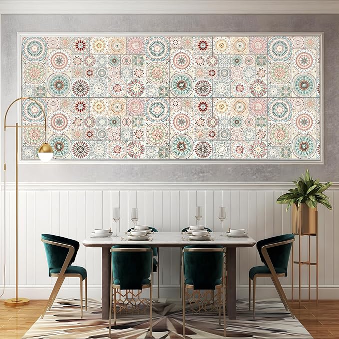 Easy Peel Stick Vinyl DIY wall Tile Decals Stick on backsplash,28pcs | 4,6,8in square tiles in 1 pack,waterproof tiles for kitchen RV laundry backsplash,remove no damage,pink mandala pattern