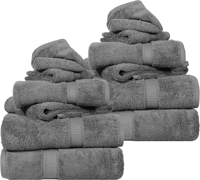 SUPERIOR Egyptian Cotton Ultra Plush & Absorbent, 12 Piece Set, Charcoal | Heavyweight 12 Pc Egyptian Cotton Towel Set Includes 4 Bath Towels 4 Hand Towels 4 Washcloths Decorative Rope Border