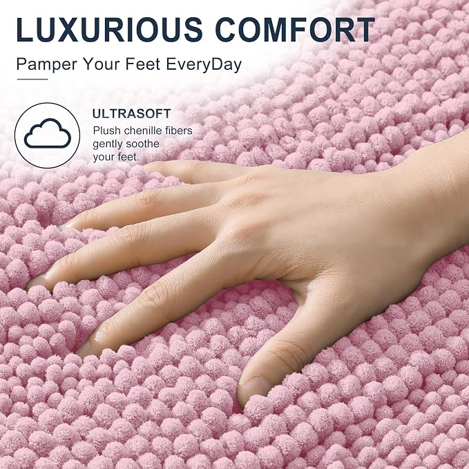 Smiry Thick Small Chenille Bathroom Rugs 24x16, Soft Bath Mat, Dusty Rose | Quick‑Dry & Machine Washable, Non‑Slip Bath Carpet, Striped Bath Rugs for Tub & Shower, Modern Home Decor Accessories