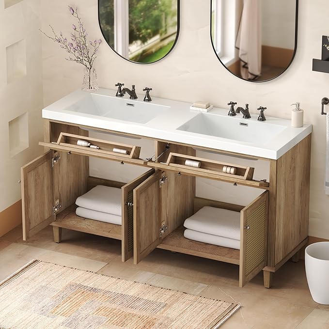 60 Inch Bathroom Vanity with Double Sink,Wood Color Doule Sink Vanity with 2 Tip-Out Trays & 4 Soft Closing Doors,Large Storage Space,Silver Knobs,Solid Wood Legs,Woven Rattan Doors Front